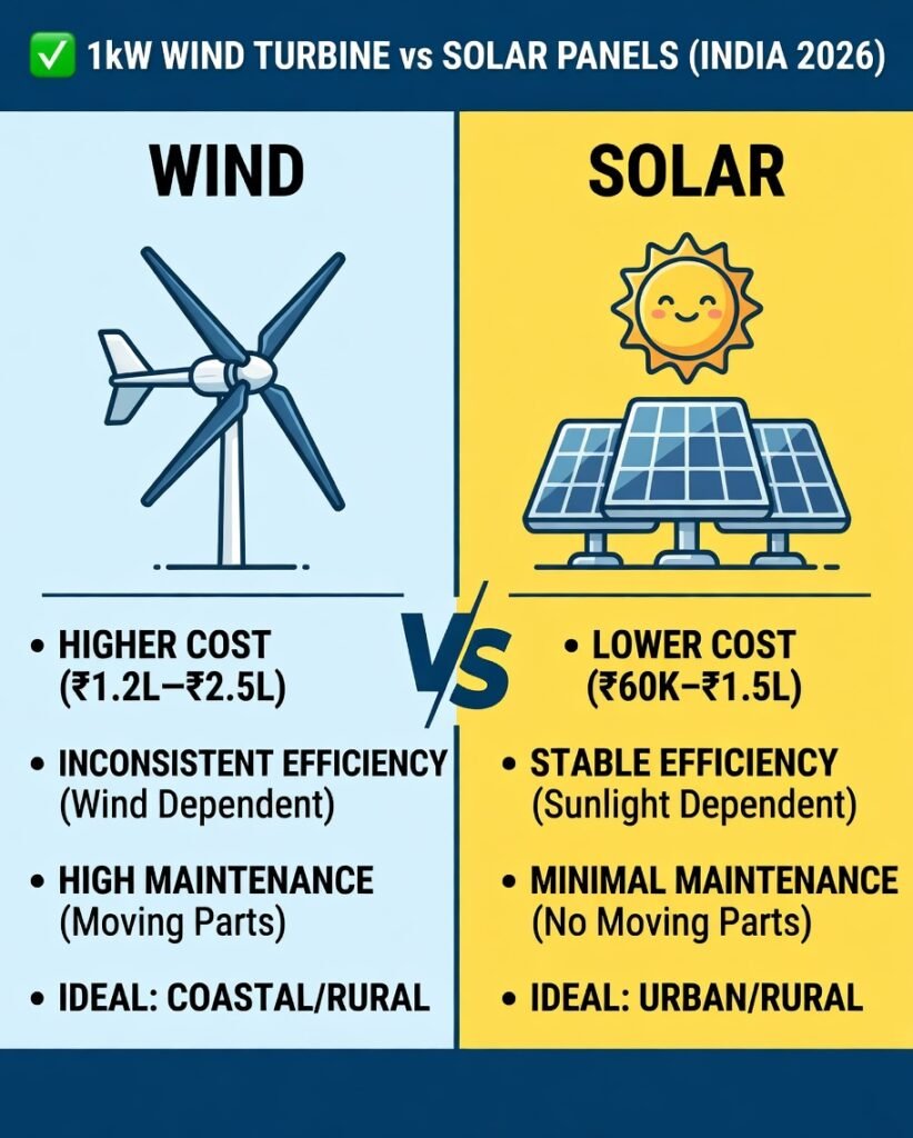 1kW Wind Turbine vs Solar Panels in India (2026 Comparison Guide)